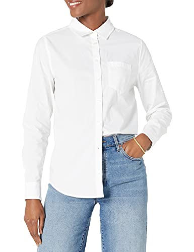 Amazon Essentials Camisa de Popelín con Botones, Manga Larga y Ajuste Clásico Mujer, Blanco, L