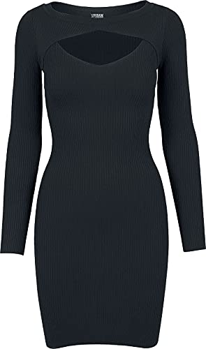 URBAN CLASSICS Vestido Corto de Manga Larga con Escote para Mujer, Acanalado, Elegante Vestido de Cóctel de material de punto, Color: negro, Talla: S
