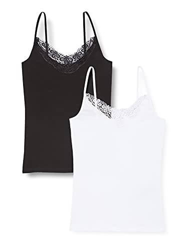VERO MODA Vminge Lace Singlet Ga 2 Unidades Noos Top, Negro/Paquete: Blanco Brillante, M (Pack de 2) para Mujer