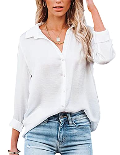 NONSAR Blusa para mujer de manga larga y, cuello de pico, con botones, elegante, informal, para trabajo, camisa de manga larga, Blanco, XL