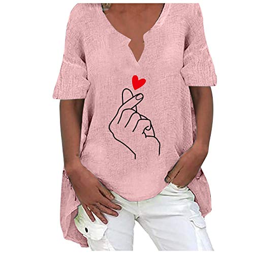 2021 Nuevo Camiseta de Mujer, Verano Moda Amor Impresión Manga Corta Algodón y Lino Elegante Blusa Camisa Cuello en V Camiseta Casual Tops Suelto Fiesta T-Shirt Original tee