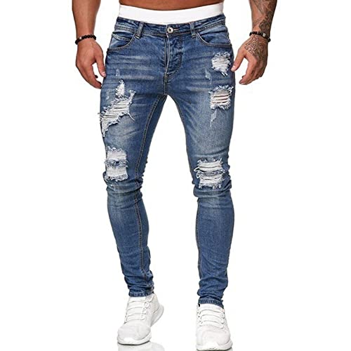 Loalirando Vaqueros Rasgados de Hombre Jeans Rotos Slim Fit Pantalones Skinny de Denim Pantalones Hombre Casual de Mezclilla Pantalón Largo Hombre Vaqueros Ajustados (Azul, XL)