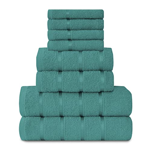 Juego de pacas de toalla súper suave, 8 toallas de algodón egipcio, de secado rápido, altamente absorbente, color verde azulado (4 toallas faciales + 2 toallas de mano + 2 toallas de baño)