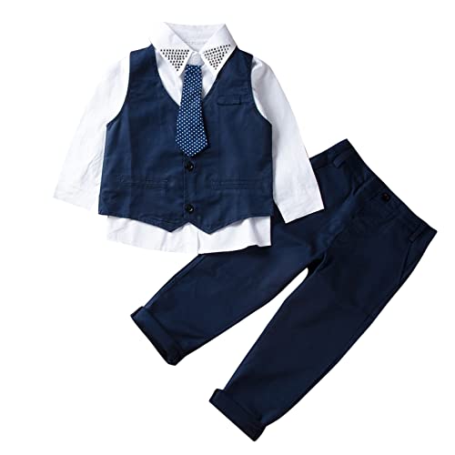 Bebé Suit 4 Piezas Conjunto de Traje para Niños Pequeños Camisa de Manga Larga + Pantalones + Chaleco + Corbata para Ceremonia Bautizo 2-3 Años