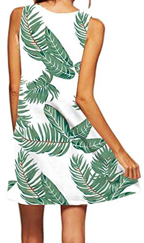 Ocean Plus Mujer Verano Flamenco Camisola Vestido De Playa Top Sin Mangas Trapecio O Corte En A Vestido Oeste (S (EU 34-36), Hojas Verdes sobre Blanco)