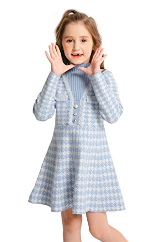 SMILING PINKER Vestido de punto para niña con cuello alto y cuello de gallo, azul, 3-4 Años