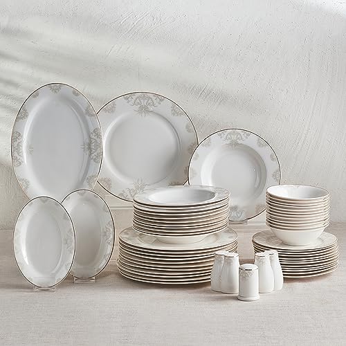 Karaca Siena Vajilla de porcelana de 56 piezas para 12 personas, redonda, servicio combinado con platos llanos y hondos, blanco